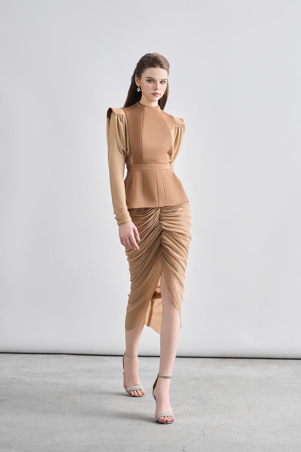 Women's Kyle Peplum Gathered Chanel Midi Dress S/M/L/Customize Black/Light Brown MEAN BLVD Light Brown / S Women's Kyle Peplum Gathered Chanel Midi Dress S/M/L/Customize Black/Light Brown MEAN BLVD Light Brown / S