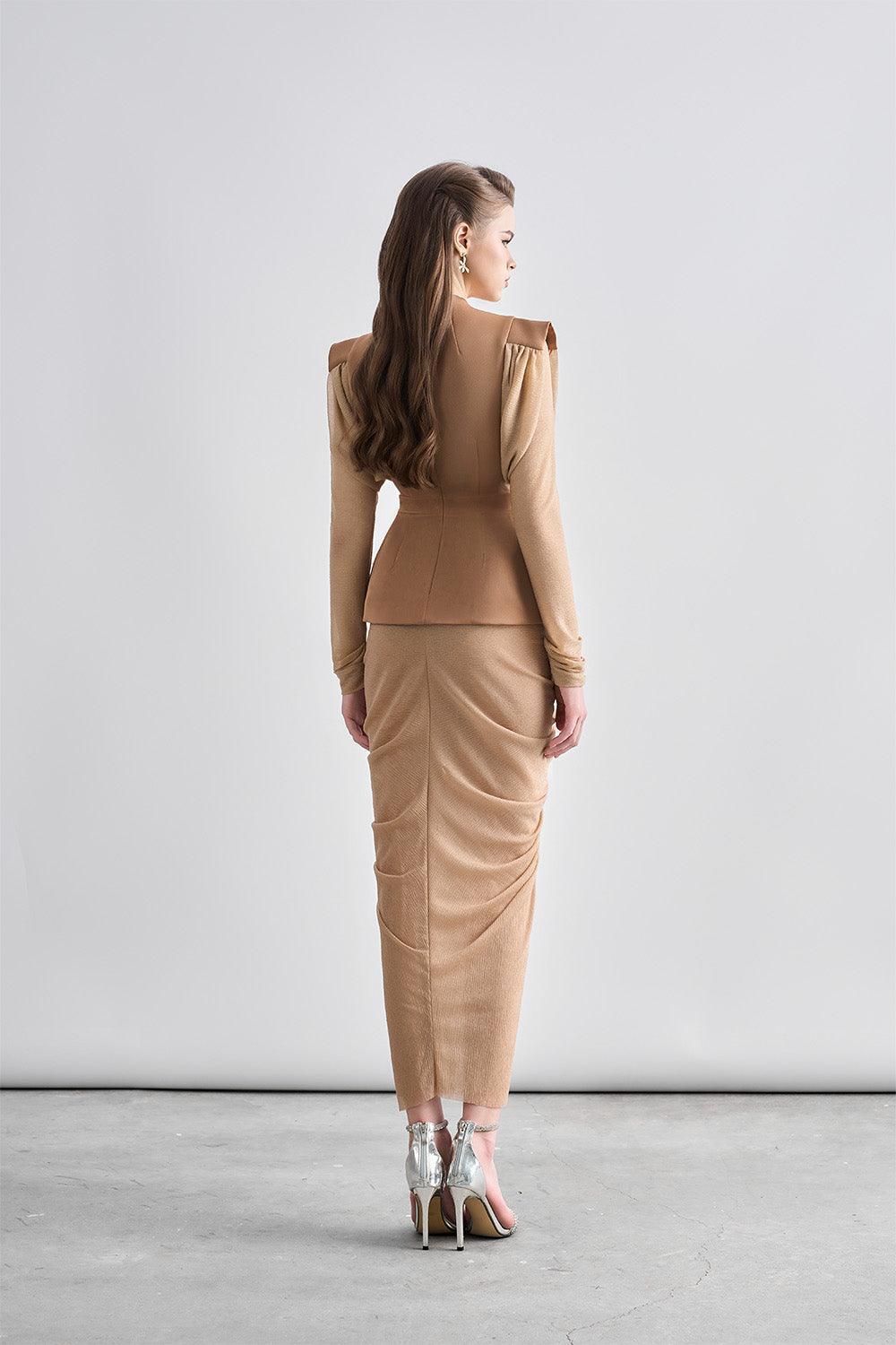 Kyle Peplum Gathered Chanel Midi Dress - MEAN BLVD