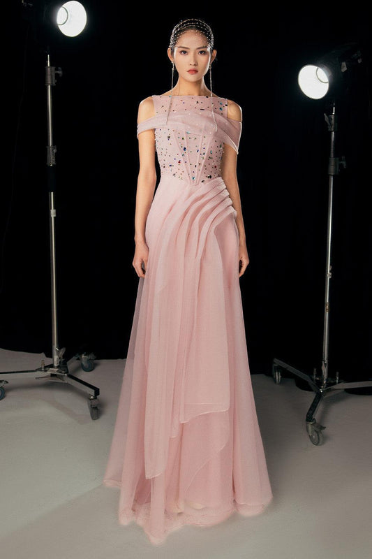 Kyleigh Layered Side Slit Mesh Silk Floor Length Dress - MEAN BLVD