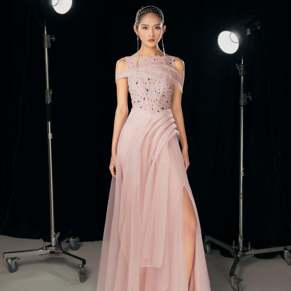 Kyleigh Layered Side Slit Mesh Silk Floor Length Dress - MEAN BLVD