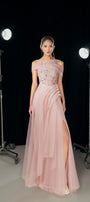 Kyleigh Layered Side Slit Mesh Silk Floor Length Dress - MEAN BLVD