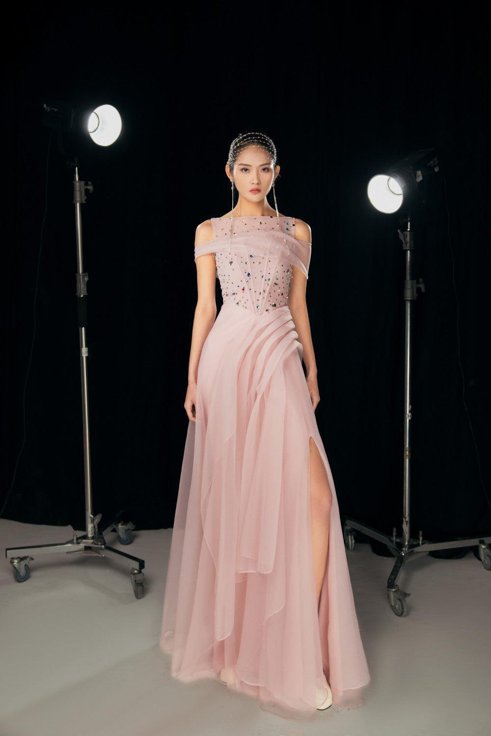 Kyleigh Layered Side Slit Mesh Silk Floor Length Dress - MEAN BLVD