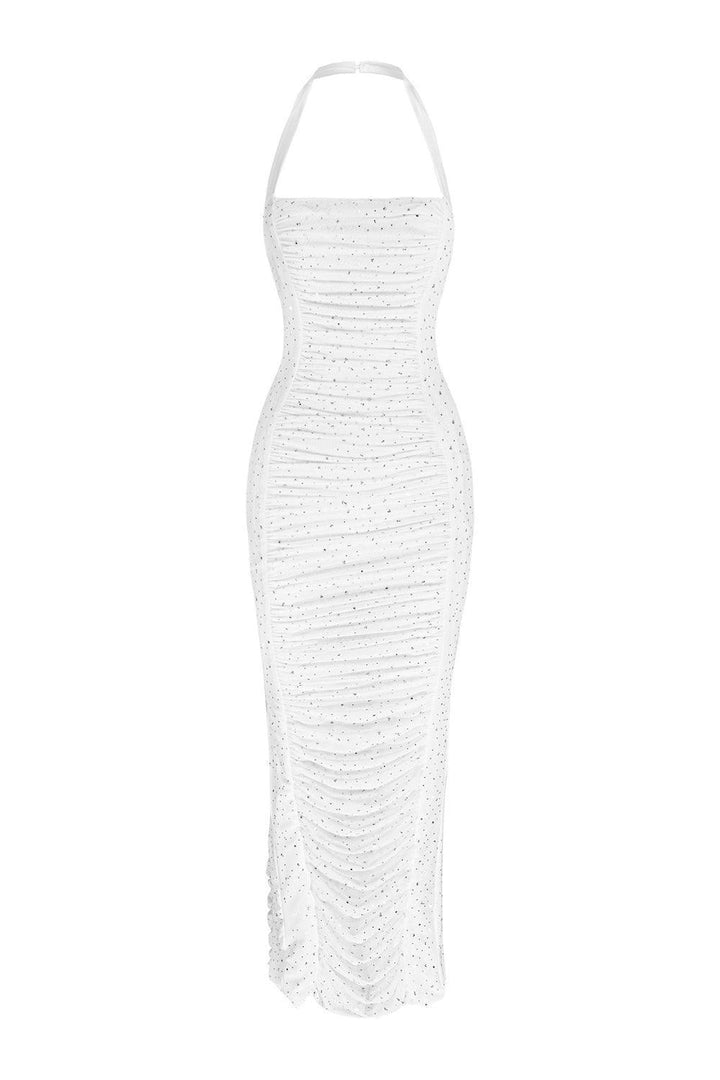 Kylie Gathered Halter Neck Mesh Spandex Midi Dress - MEAN BLVD