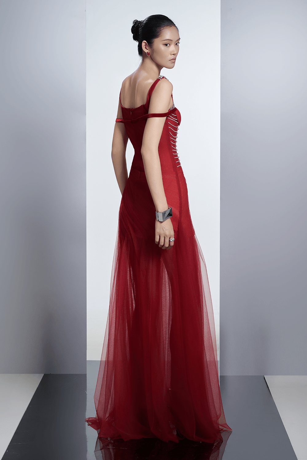 Aureate Drop Waist Semi-Heart Neck Polyester Floor Length Dress