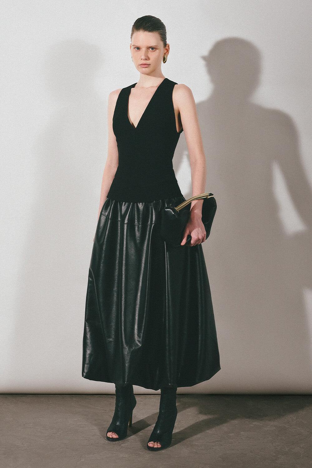 Lacey A-line Draped Leather Midi Skirt - MEAN BLVD