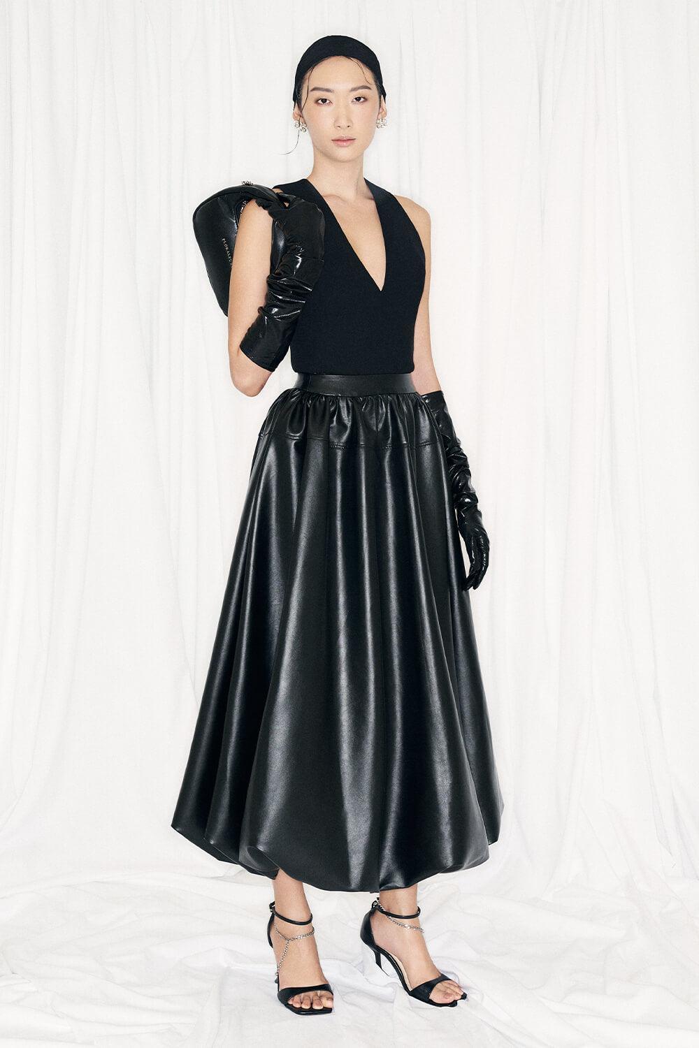 Lacey A-line Draped Leather Midi Skirt - MEAN BLVD