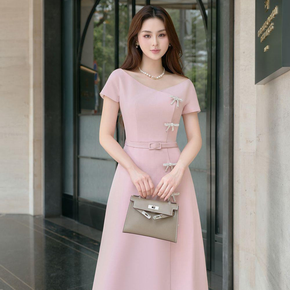 Ladies A-line Short Sleeved Linen Cotton Midi Dress - MEAN BLVD