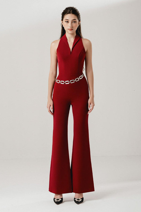 Lady Flared V-Neck Interlock Ankle Length Jumpsuit - MEAN BLVD