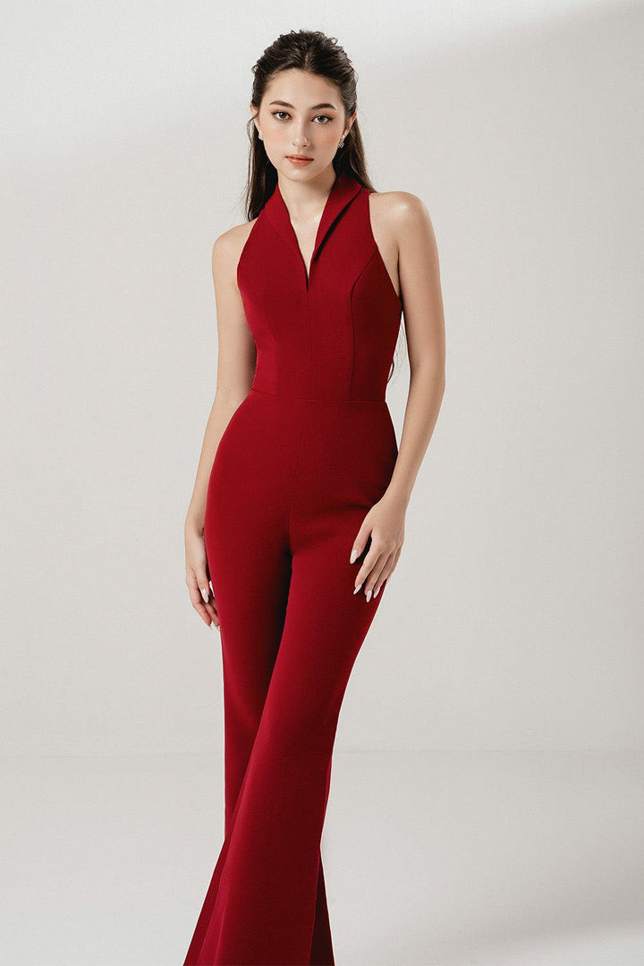 Red Ankle Length Romper Women's Lady Flared V-Neck Interlock