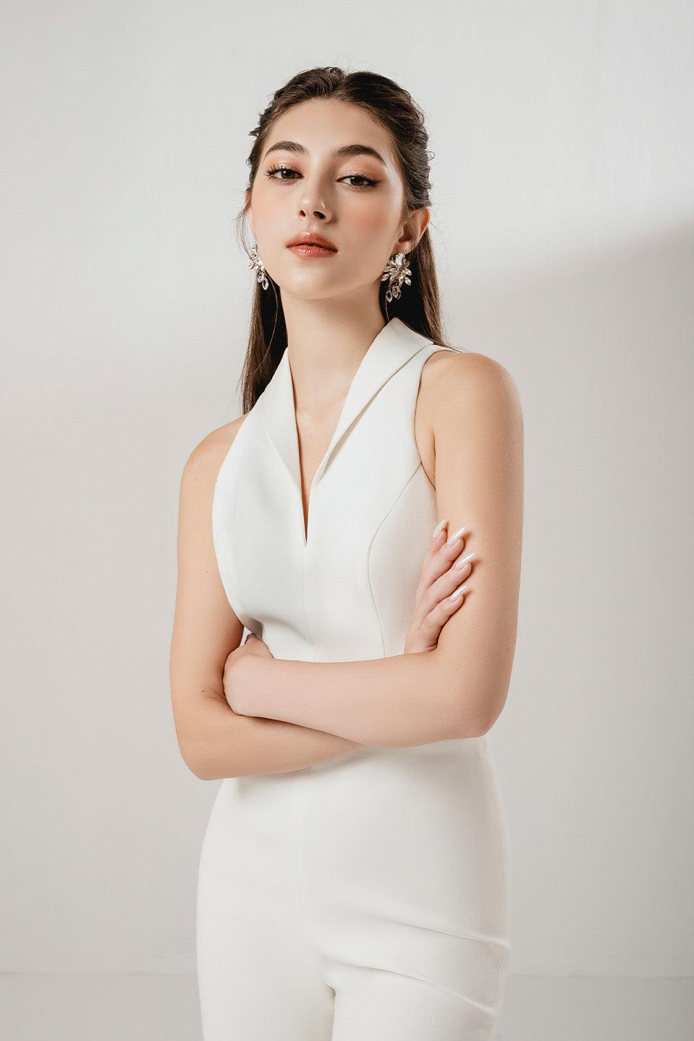 Lady Flared V-Neck Interlock Ankle Length Jumpsuit - MEAN BLVD