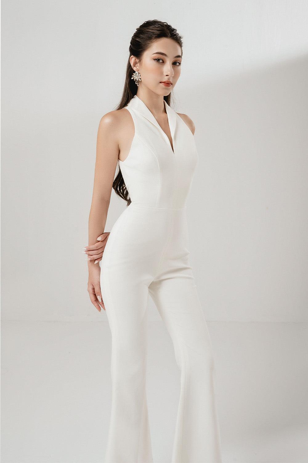 Lady Flared V-Neck Interlock Ankle Length Jumpsuit - MEAN BLVD