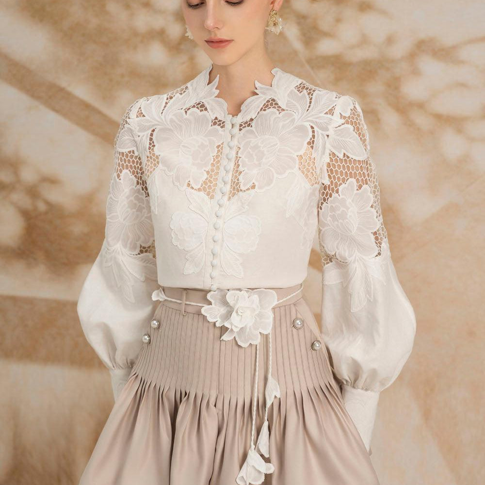 Laetitia Drop Waist Puffy Sleeved Silk Lace Mini Set - MEAN BLVD