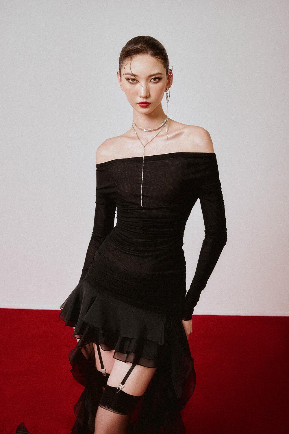 black off shoulder high low dress Women's Lalali Drop Waist Off-Shoulder Mesh Spandex High-low Dress Customize Black MEAN BLVD