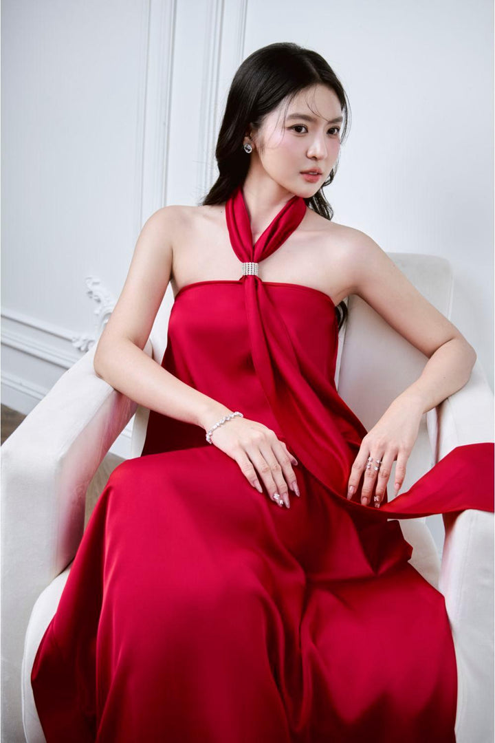 Lalani Halter Tie Neck Mulberry Silk Floor Length Dress - MEAN BLVD