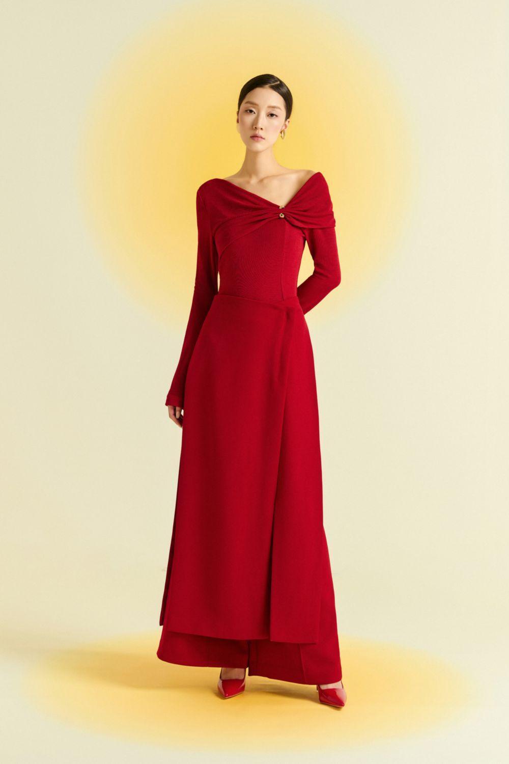 red long sleeve spandex dress Spandex Off-the-shoulder Long Sleeves Red A-line Evening Dress With Belt