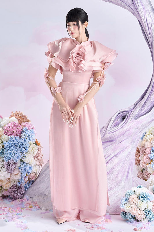 Camelian Blouson Floral Silk Floor Length Ao Dai