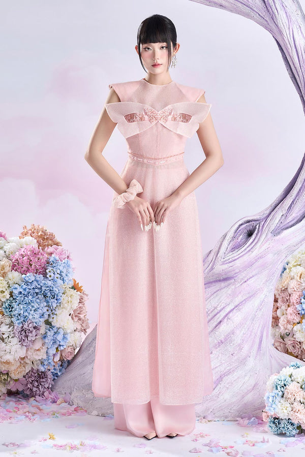 Morganite A-line Bow Mesh Floor Length Ao Dai