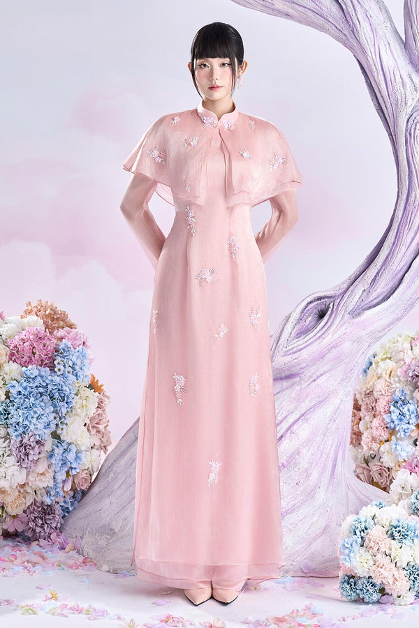 Ruby Cape Flower Applique Silk Floor Length Ao Dai