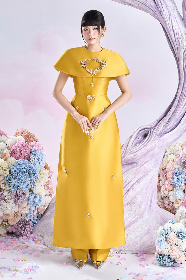 Citrine A-line Cape Shoulder Taffeta Floor Length Ao Dai