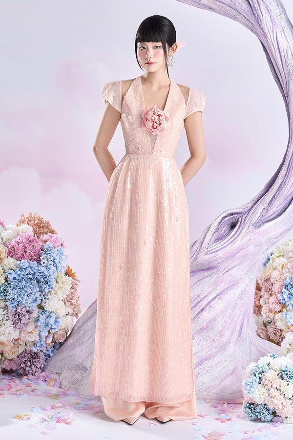 Rose A-line Plunge Neck Sequin Floor Length Ao Dai