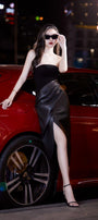 Lanim Slit Straight Across Neck Leather Calf Length Dress - MEAN BLVD