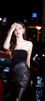 Lanim Slit Straight Across Neck Leather Calf Length Dress - MEAN BLVD
