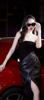 Lanim Slit Straight Across Neck Leather Calf Length Dress - MEAN BLVD