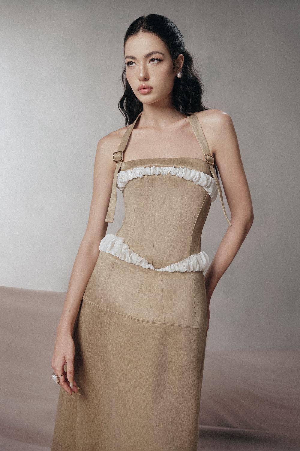 Women's Lapin Drop Waist Halter Neck Taffeta Midi Dress S/M/L/XL/Customize Brown Beige MEAN BLVD Brown Beige / Customize Women's Lapin Drop Waist Halter Neck Taffeta Midi Dress S/M/L/XL/Customize Brown Beige MEAN BLVD Brown Beige / Customize