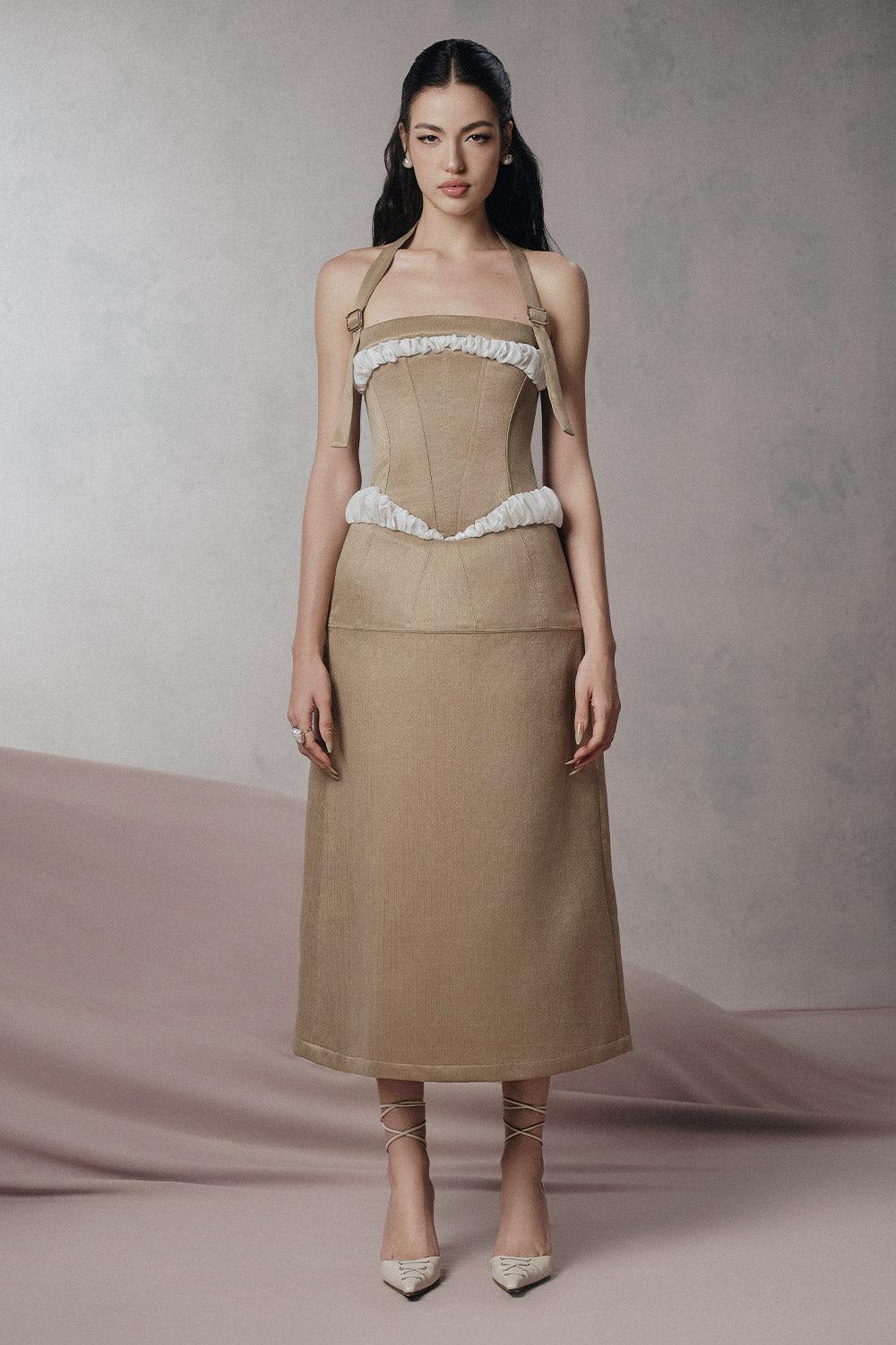 Women's Lapin Drop Waist Halter Neck Taffeta Midi Dress S/M/L/XL/Customize Brown Beige MEAN BLVD Brown Beige / Customize