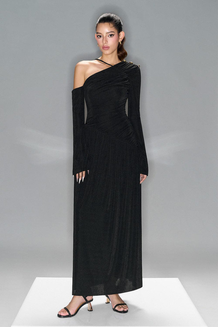 Lauren Gathered Asymmetric Shoulder Spandex Maxi Dress - MEAN BLVD