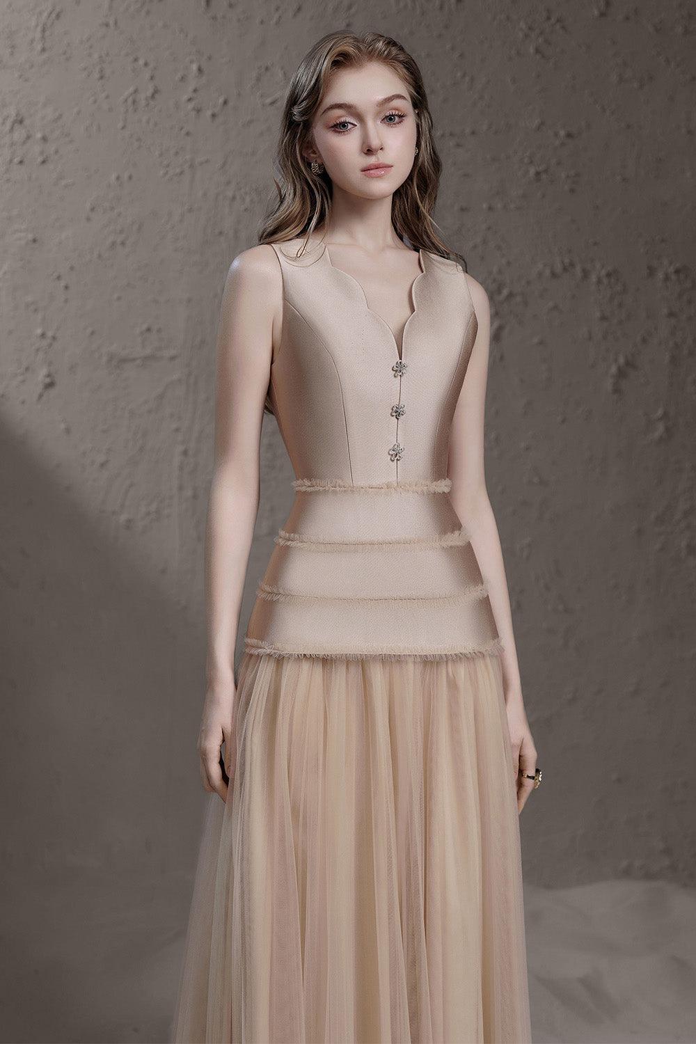 Women's Laurence Drop Waist Sleeveless Tulle Maxi Dress S/M/L/Customize Nude MEAN BLVD Nude / M Women's Laurence Drop Waist Sleeveless Tulle Maxi Dress S/M/L/Customize Nude MEAN BLVD Nude / M