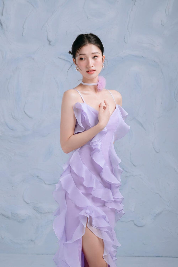 Lavender Asymmetric Ruffle Layer Organza Midi Dress - MEAN BLVD