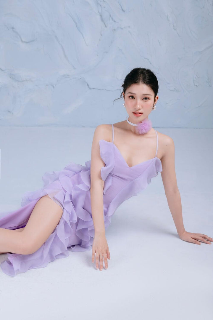 Lavender Asymmetric Ruffle Layer Organza Midi Dress - MEAN BLVD