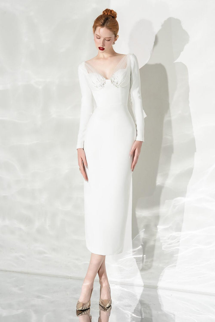 Women's Lavish Sheath Long Sleeved Cotton Midi Dress S/M/L White MEAN BLVD