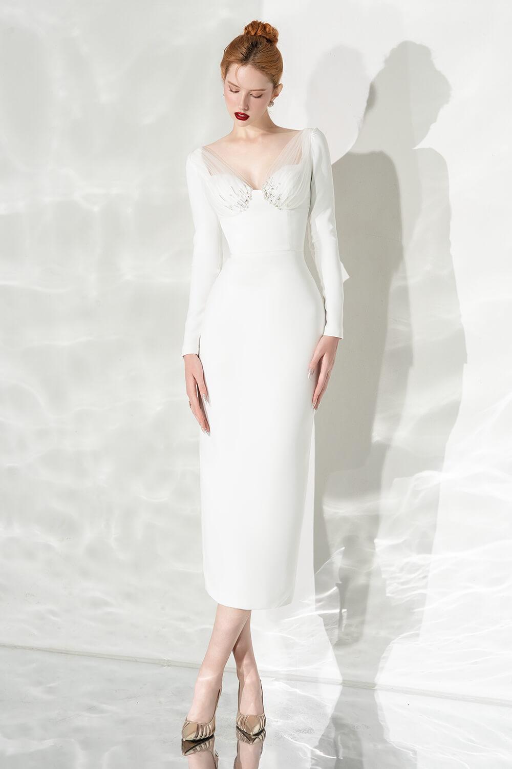 Women's Lavish Sheath Long Sleeved Cotton Midi Dress S/M/L White MEAN BLVD