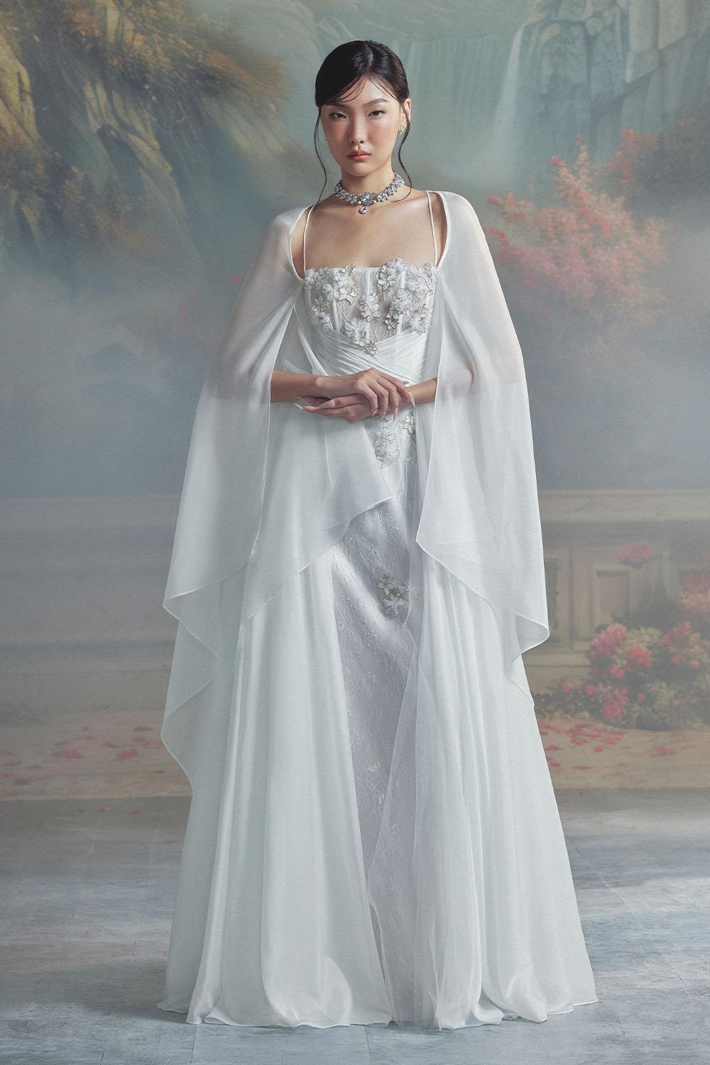 Le Blanc A-line Cape Sleeved Chiffon Maxi Dress White / Customize