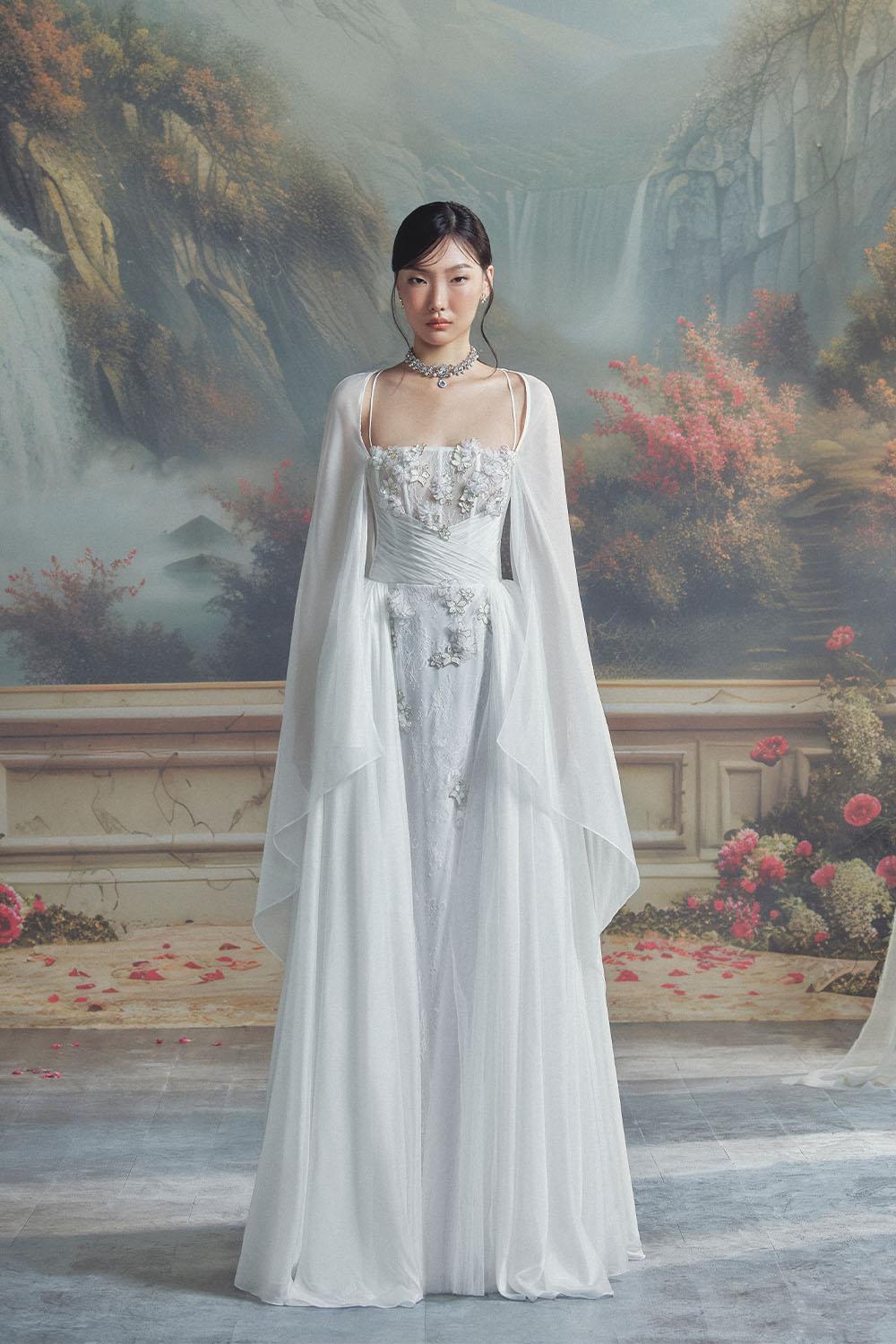 Le Blanc A-line Cape Sleeved Chiffon Maxi Dress - White / XS Le Blanc A-line Cape Sleeved Chiffon Maxi Dress - White / XS