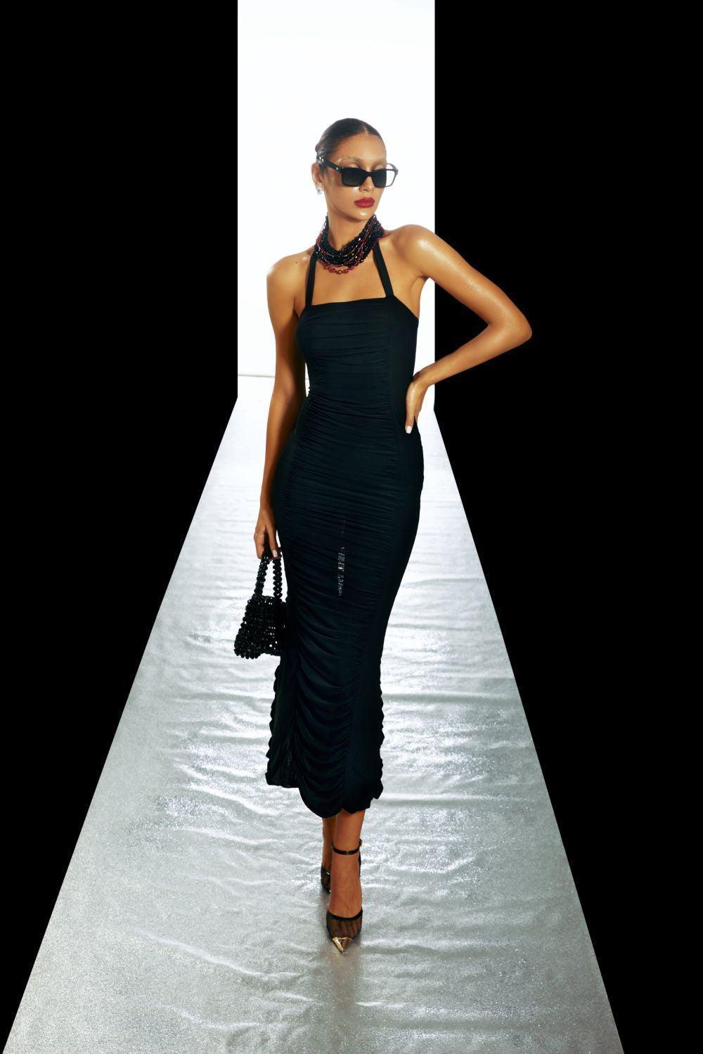 Leila Bodycon Halter Neck Mesh Midi Dress - MEAN BLVD