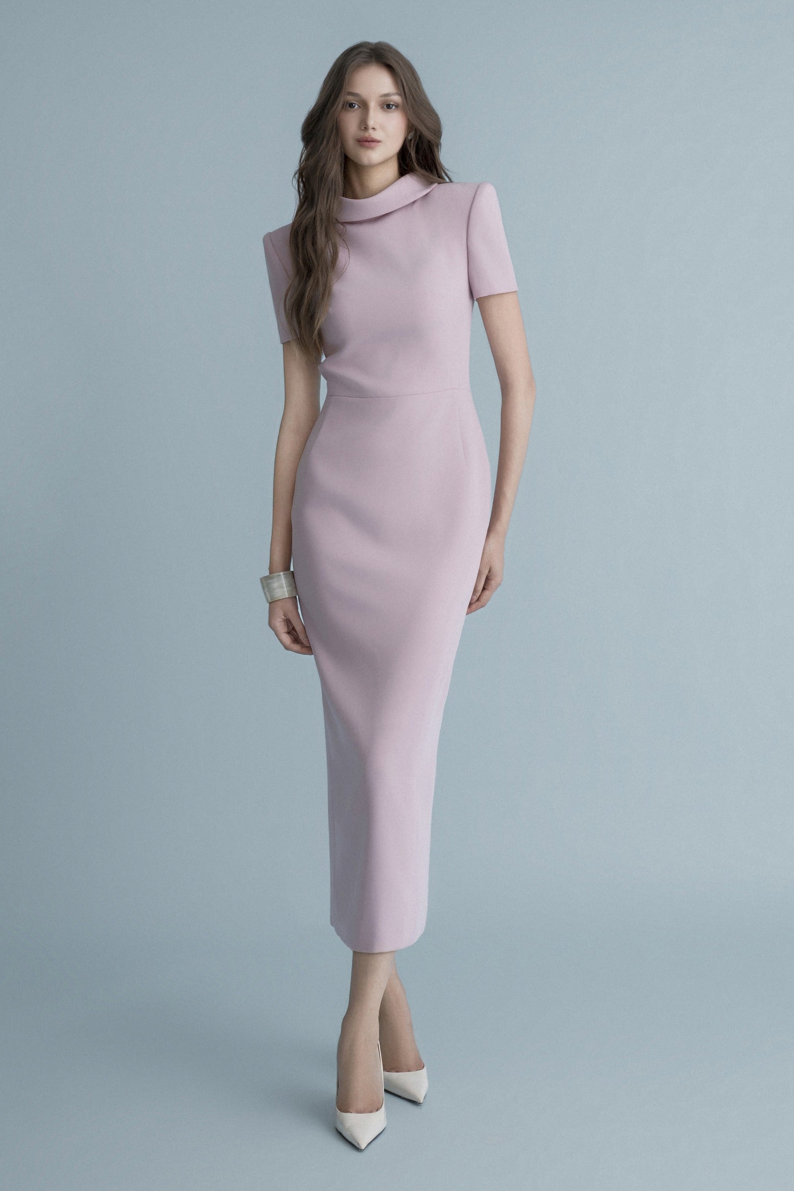 Nimes Pencil High Neck Crepe Midi Dress