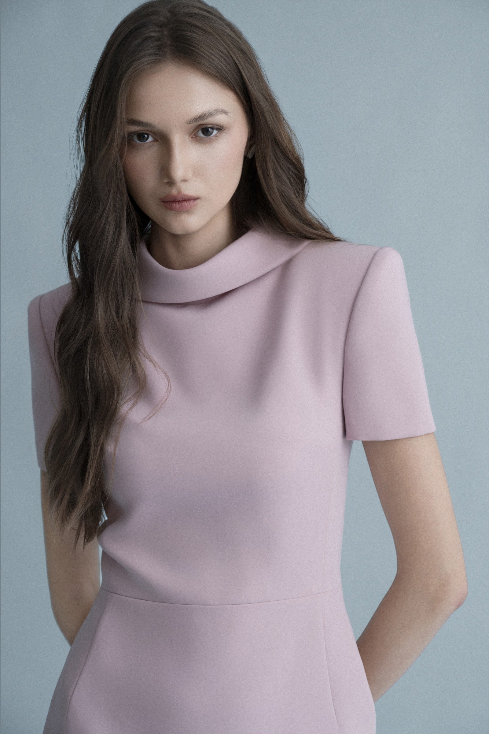 Nimes Pencil High Neck Crepe Midi Dress