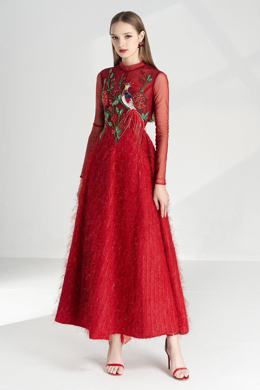 Lena A-line Flower Applique Silk Ankle Length Dress - MEAN BLVD