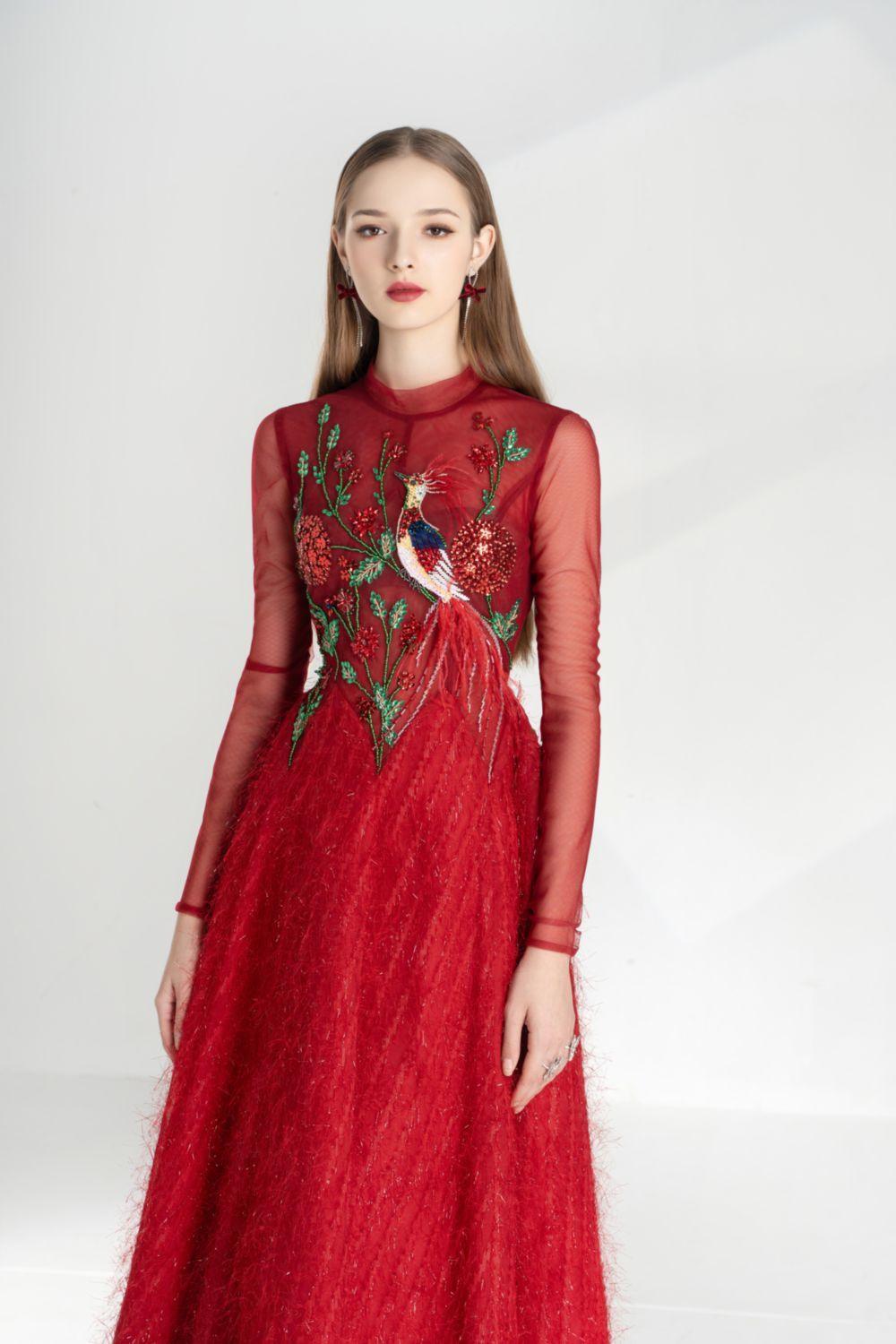 Lena A-line Flower Applique Silk Ankle Length Dress - MEAN BLVD