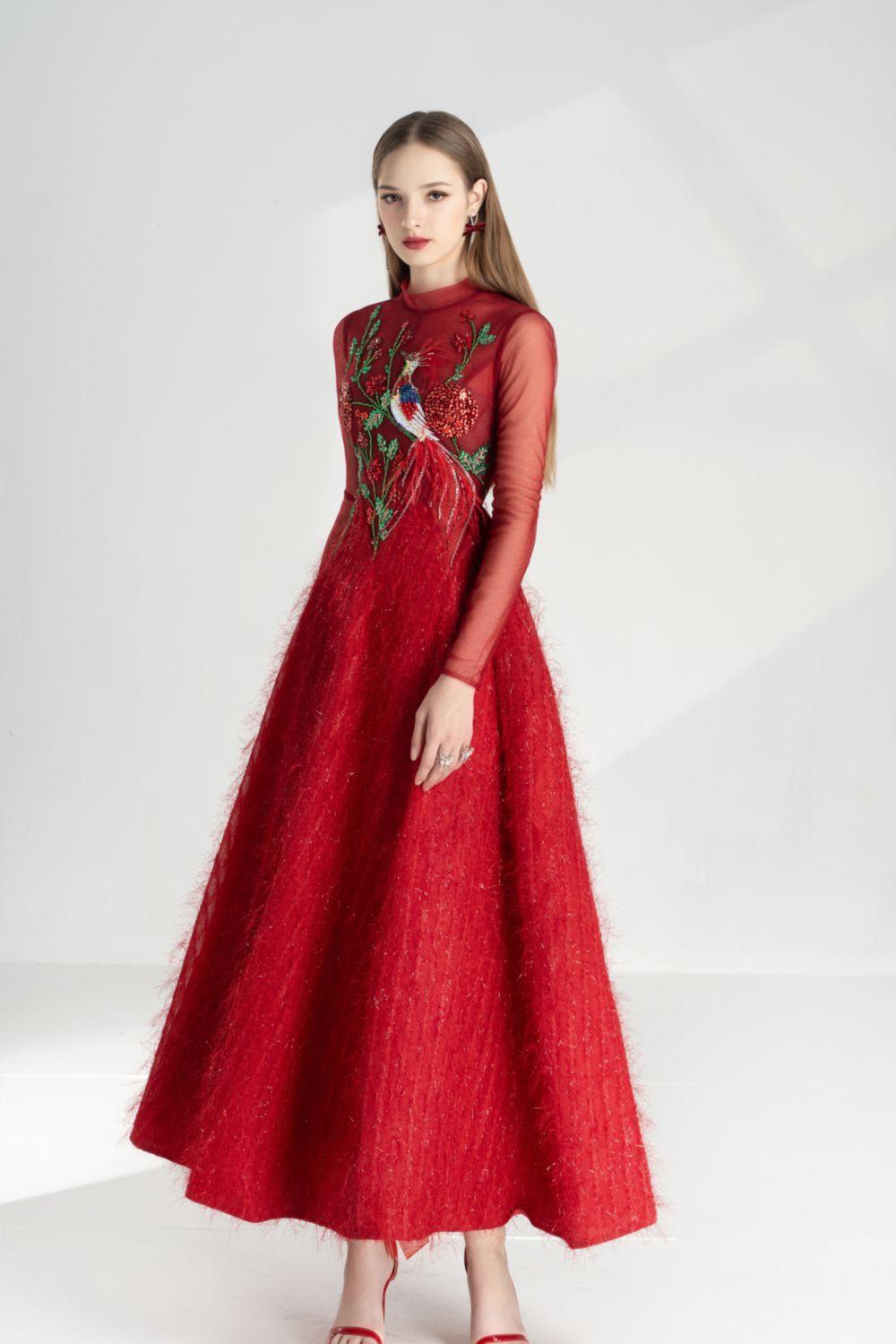 Lena A-line Flower Applique Silk Ankle Length Dress - MEAN BLVD