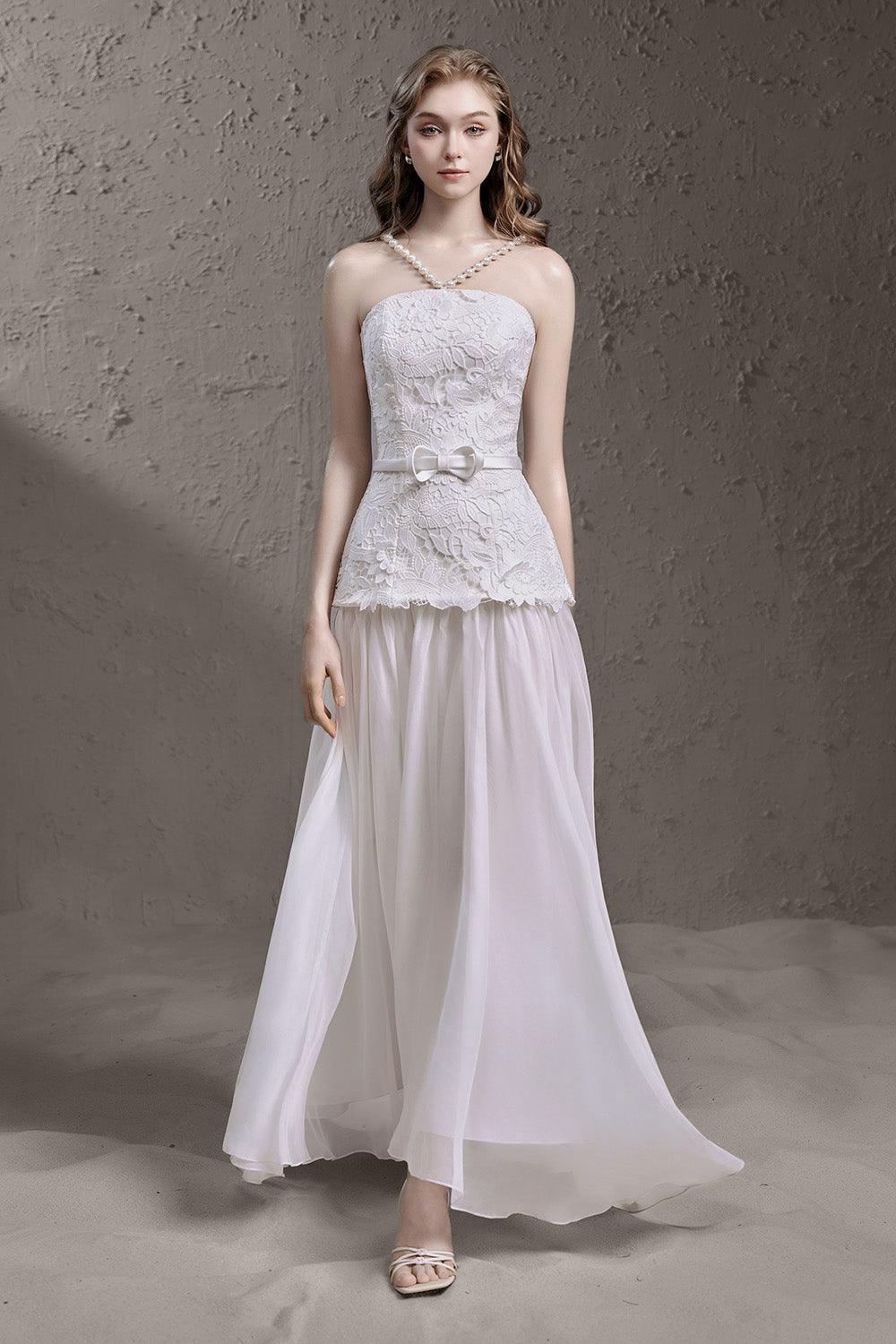 Lena Drop Waist V-Neck Silk Lace Floor Length Dress White / M