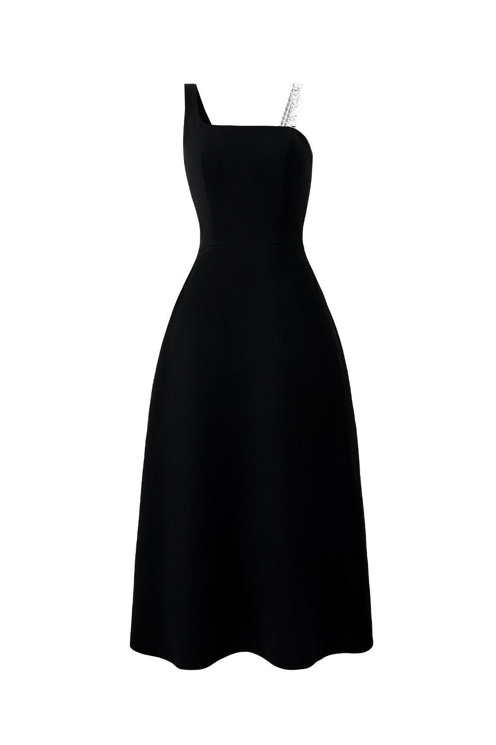 Women's Lester A-line Asymmetric Neck Crepe Below The Knee Dress XS/S/M/L/Customize Black MEAN BLVD Women's Lester A-line Asymmetric Neck Crepe Below The Knee Dress XS/S/M/L/Customize Black MEAN BLVD
