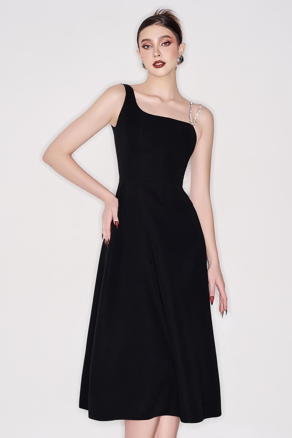 Women's Lester A-line Asymmetric Neck Crepe Below The Knee Dress XS/S/M/L/Customize Black MEAN BLVD
