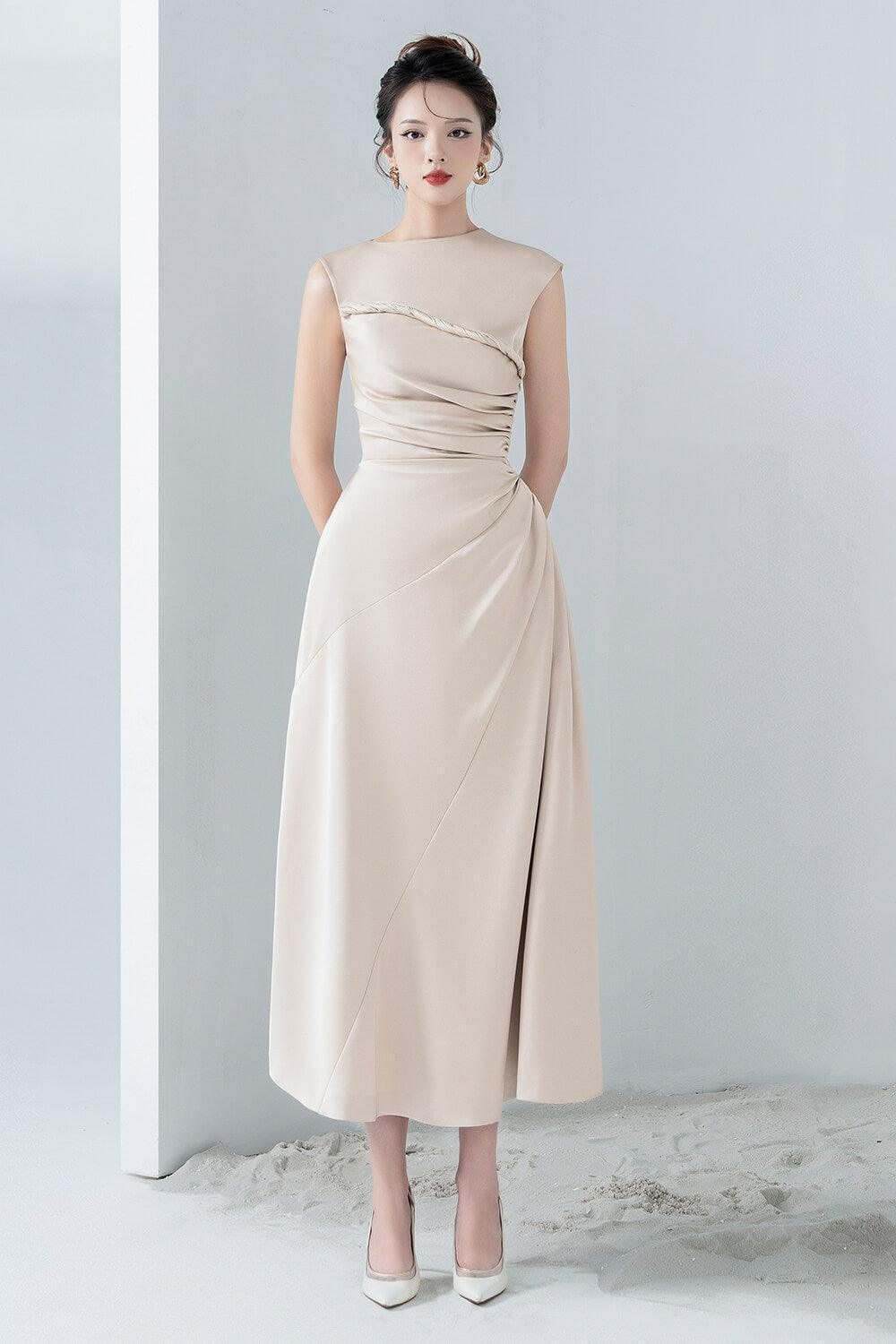 Women's Lexie A-line Draped Silk Blend Midi Dress XS/S/M/L/XL Beige/White MEAN BLVD XS / White Women's Lexie A-line Draped Silk Blend Midi Dress XS/S/M/L/XL Beige/White MEAN BLVD XS / White