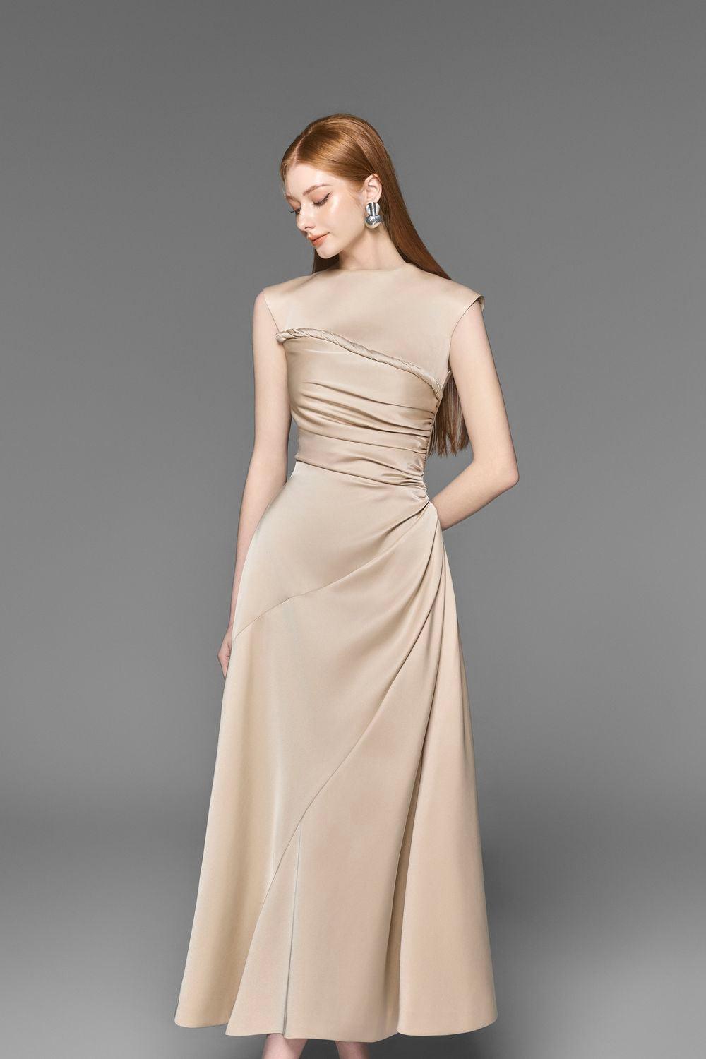 Women's Lexie A-Line Draped Silk Blend Midi Dress XS/S/M/L/XL Beige/White Mean Blvd XL / Beige Women's Lexie A-Line Draped Silk Blend Midi Dress XS/S/M/L/XL Beige/White Mean Blvd XL / Beige