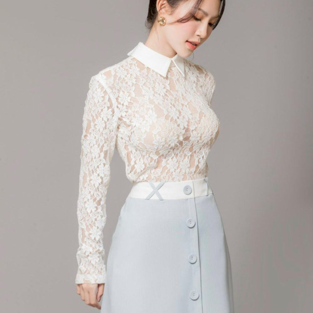 Lexie Straight Collared Neck Cotton Lace Top - MEAN BLVD
