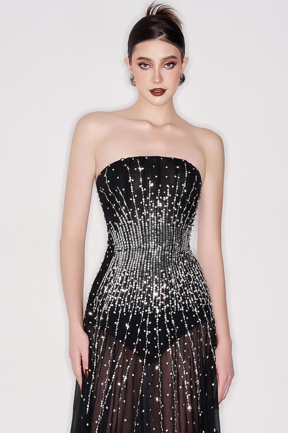 Leyla Strapless Stone Organza Voile Floor Length Dress - MEAN BLVD